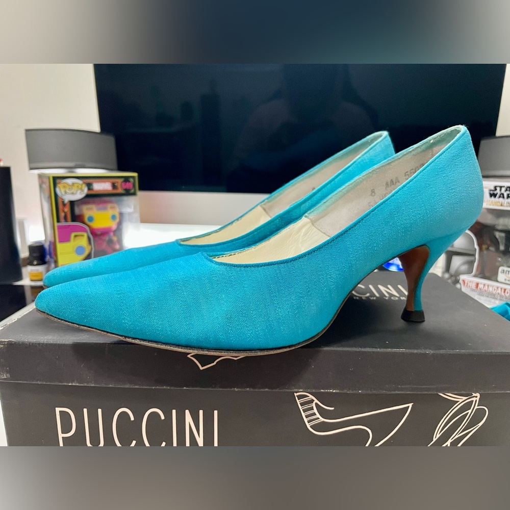 Puccini teal canvas Pumps Heels Shoes Rome NY Box Vintage women’s size 8